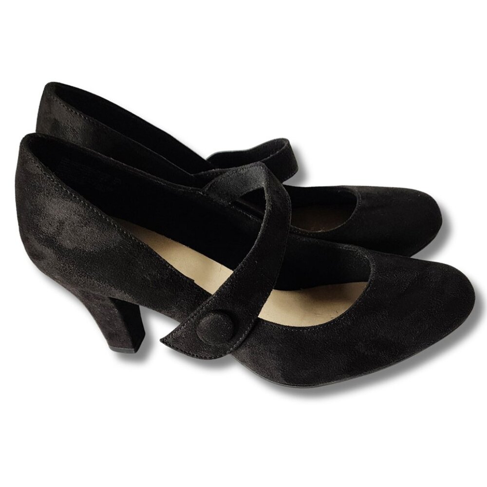 American Eagle Black Suede Mary Jane Pumps, Size 9W, 3" Block Heel